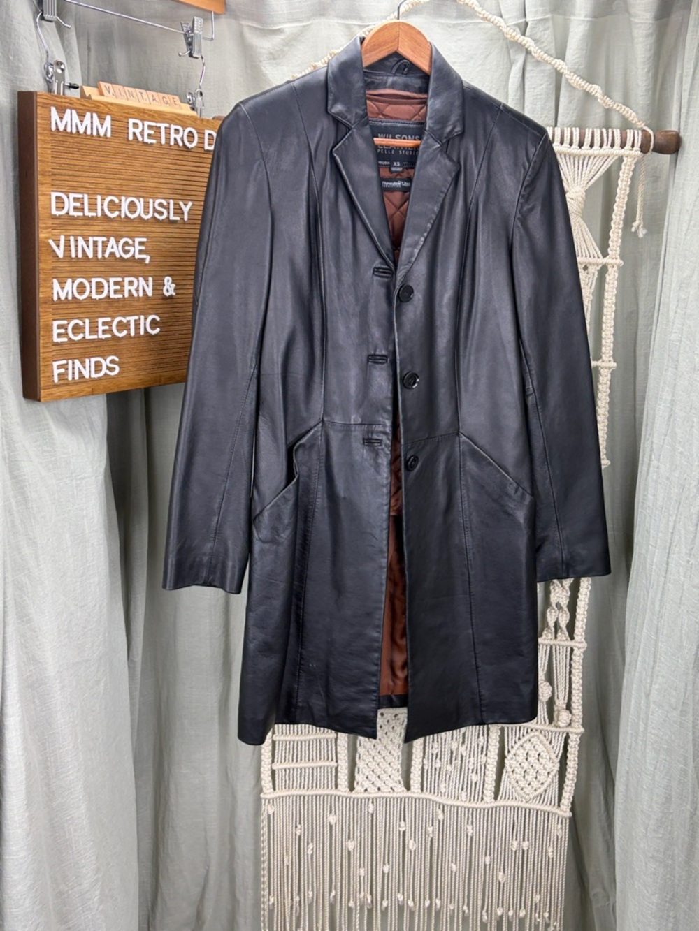 Wilsons Leather Pelle Studio Black Long Leather Coat with Lining | XS